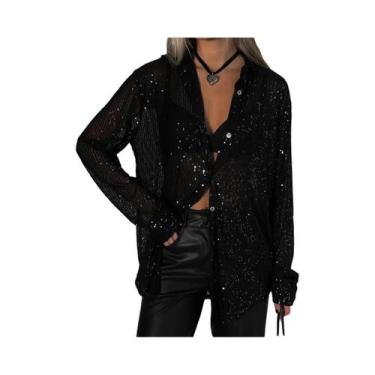 Imagem de Camisa Feminina Brilhante De Manga Longa Com Botões E Gola Dobrada Mod