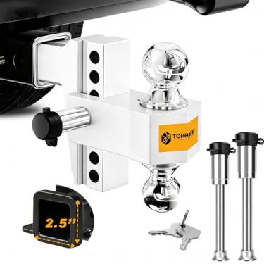 Imagem de TOPBEE Engate de reboque - serve apenas para receptor de 6 cm, queda de 15 cm, bola dupla (5 cm x 6 cm), engate de reboque de alumínio ajustável para caminhão resistente -18.500 Gtw com travas de