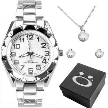 Imagem de relogio feminino prateado aço inox + caixa casual social original prat