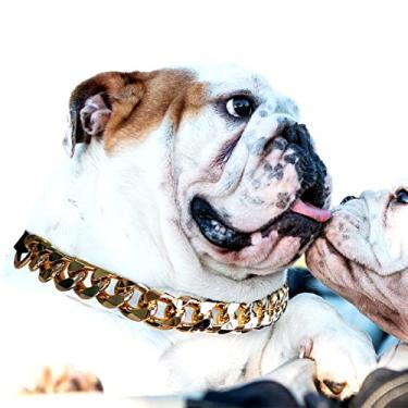 Imagem de Coleira para cachorro de corrente dourada - Colar de cachorro com elos cubanos de metal de 1,9 cm com cinto de couro, leve protege o pescoço do filhote, acessórios bonitos da moda para cães 50,8 cm