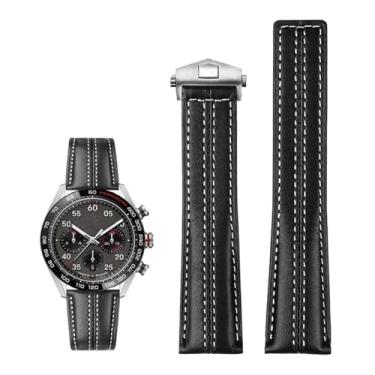 Imagem de AHGDDA Pulseira masculina de couro genuíno de 22 mm para relógio Tag Heuer Carrera Monaco com fivela dobrável de couro bovino (fivela preta prateada)