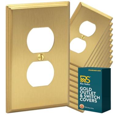 Imagem de Rio Salto BRASS Deco Collection Capa de tomada duplex de metal dourado tamanho padrão ou tampa de interruptor de luz placa de parede receptáculo duplex único capas de placa de parede 1 gangue latão