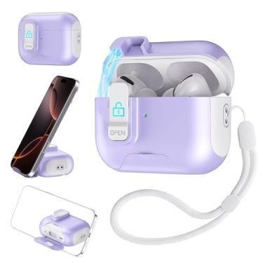 Imagem de Capa compatível com AirPods 4 2024 para mulheres, design de dois tons, compatível com AirPods 4ª geração com trava magnética e suporte embutido, cordão incluído, carregamento sem fio, TPU à prova de