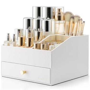 Imagem de Vlando Organizador de maquiagem, organizador de maquiagem com gavetas, organizador de perfume de couro sintético, grande estojo cosmético para batom, pincéis, presentes para mulheres - branco