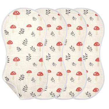 Imagem de Wassud Pacote com 4 panos de algodão para arrotos de musselina com estampa de cogumelos, panos de rosto absorventes e macios para arrotos para meninos e meninas recém-nascidos