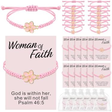 Imagem de Hinly Conjunto de 24 pulseiras trançadas de flor cristã rosa para mulheres com God Is Within Her She Will Not Fall Bolsa de organza rosa esmalte amuleto a granel para mãe presente de fé feliz dia das