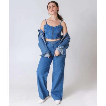 Imagem de Calça Jeans Wide Leg Bolsos Feminina Marisa-45000, 38, Jeans azul