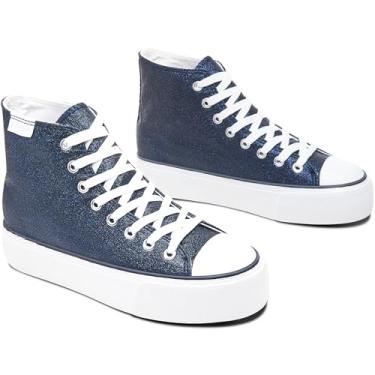 Imagem de ALTOCIS Tênis feminino confortável de plataforma de cano alto, casual de cano médio, tênis moderno de camurça sintética, tênis clássico de caminhada com cadarço, Glitter azul-marinho, 34