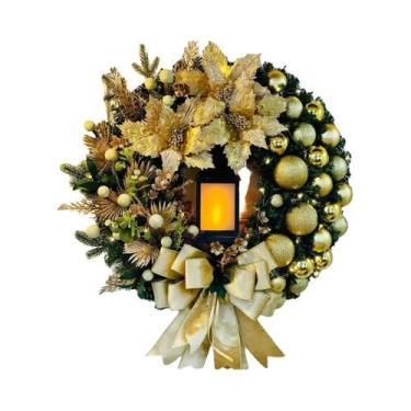Imagem de Guirlanda De Natal Vermelha De 45cm Com Lâmpada E Flores, Ornamento De