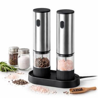Imagem de Conjunto de moedor elétrico de sal e pimenta, moedor automático de uma mão recarregável por USB-C com luz LED, 5 níveis de grossura ajustáveis, aço inoxidável (pacote com 2)