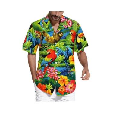 Imagem de Camisa Havaiana Masculina Com Estampa Vibrante De Papagaio E Flores, C
