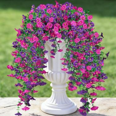 Imagem de MyCoats Flores artificiais para pendurar ao ar livre, 6 peças de flores artificiais de seda sintética de glória matinal, plantas artificiais falsas para varanda, pátio, varanda, quintal, jardim (roxo