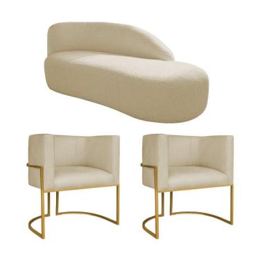 Imagem de Kit Divã Luna 160cm Lado Direito E 02 Poltronas Base De Ferro Dourado Suede Bege
