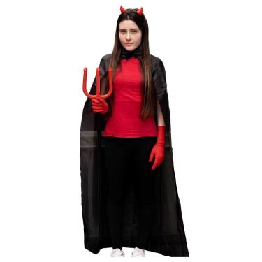 Imagem de Fantasia De Diabinha Com Chifres Capa Preta E Tridente