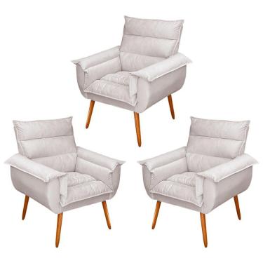 Imagem de Kit 03 Poltronas Decorativas Modernas Sala E Recepção Monza Pés Palito Veludo Bege - Abmaza
