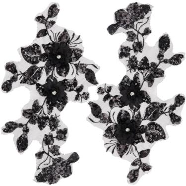 Imagem de GORGECRAFT 2 peças de apliques de renda bordados com flores 3D costurados em remendos de acabamento com lantejoulas com glitter, gola floral, tecido, artesanato, decoração, patch, para costurar,