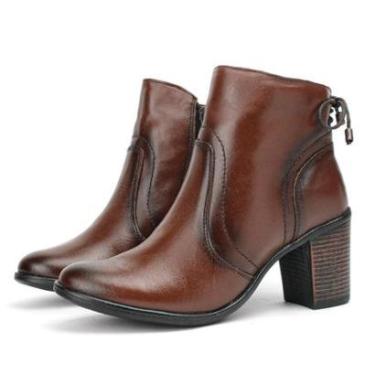 Imagem de Bota Couro Feminina Cano Curto Salto Médio Bloco Fachete Amarração Casual Pinhão-Feminino