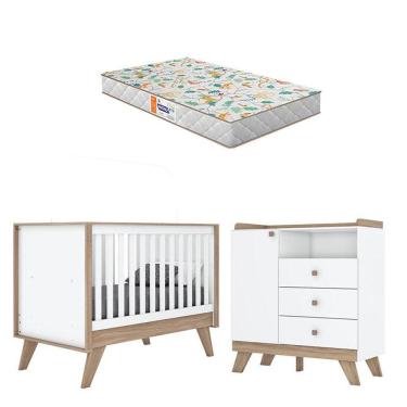 Imagem de Berço Americano e Cômoda Infantil Confete Branco Brilho Jequitibá HP com Colchão Gazin - Henn
