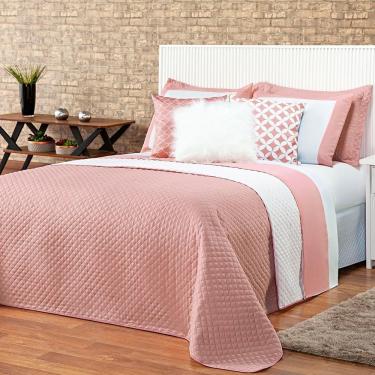 Imagem de Kit Cobre Leito Colcha Queen Miami Rosê/branco Dupla Face Com Almofadas Estampadas 06 P...