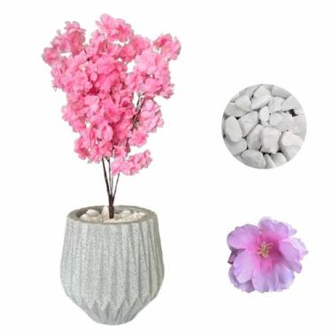Imagem de Flor Cerejeira Pessegueiro Artificial + Vaso Origami Pedra - Cinza - R
