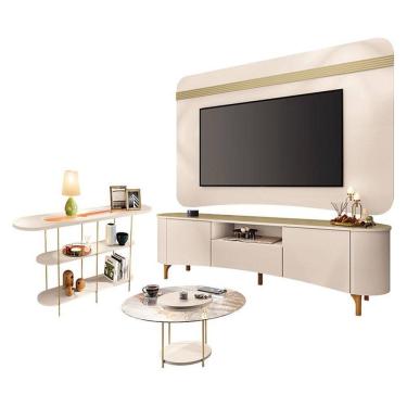 Imagem de Rack Bancada Elara e Painel Armony com Mesa de Centro Sky com tampo de Vidro e Aparador Infinity Off White - HB Móveis