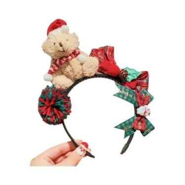 Imagem de Tiara De Urso De Pelúcia De Natal Para Idosos Com Laço Xadrez Vermelho