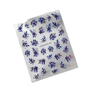 Imagem de Adesivos De Unha 5D Com Glitter Azul E Efeito Laser, Flores Em Relevo,
