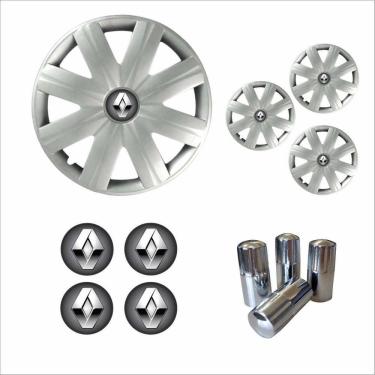 Imagem de Jogo Calota Aro 14 Clio Logan 2007 2008 Renault + Emblema Resinado + Tampa Ventil Cromada