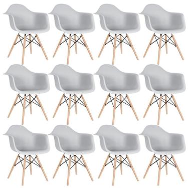 Imagem de Kit 12 Cadeiras Charles Eames Eiffel Daw Com Braços E Pés De Madeira Clara Cinza Claro