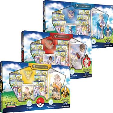Imagem de 3 Box Pokémon GO Coleção Especial Equipe Valor, Instinto e Sabedoria Copag cards cartas em português com broche exclusivo