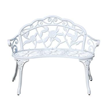 Imagem de Banco de jardim banco externo banco de jardim banco de jardim banco de jardim de alumínio fundido anti-ferrugem banco de pátio esculpido rosa banco de namoradeira móveis ao ar livre para quintal, varanda, bancos externos de gramado (cor: leitoso wh