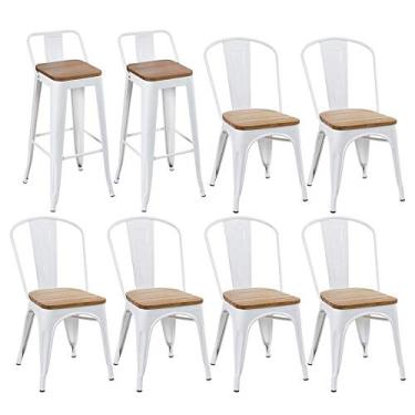 Imagem de Loft7, KIT - 6 cadeiras + 2 banquetas altas Tolix com encosto - Branco com assento de madeira rústica clara