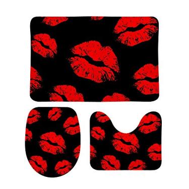 Imagem de Conjunto de tapetes de banheiro My Daily 3 peças Lábios vermelhos Fashion Antiderrapante Tapete Contorno + Tampa de Banheiro + Tapete de Banheiro