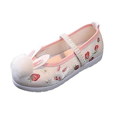 Imagem de Sandálias Wedges para meninas meninas sandálias bordadas de fundo plano moda fantasia antiga chinelos infantis com pompom, Branco, 13 Little Kid
