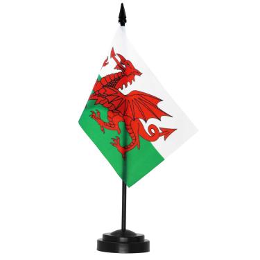 Imagem de Conjunto de bandeiras de mesa ANLEY Wales Deluxe - Bandeira de mesa galês em miniatura de 6 x 4 "com pólo sólido de 12" - cores vivas e resistente ao desbotamento - base preta e topo de lança
