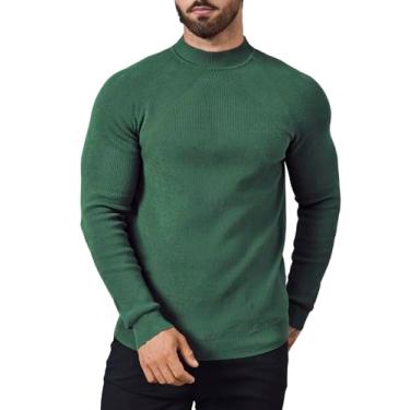 Imagem de ICEMOOD Suéter masculino de gola redonda slim fit meia gola rolê curto gola alta leve manga longa, Verde caçador, G
