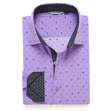 Imagem de Alex Vando Camisa social masculina estampada manga longa ajuste regular camisa abotoada, Roxo 6370, P
