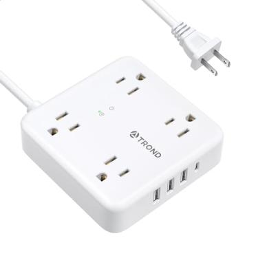 Imagem de TROND Tira de alimentação de 2 pinos: protetor contra sobretensão 1440J, cabo de extensão de 1,5 m com várias tomadas CA e portas USB, adaptador de montagem na parede para plugue não aterrado, branco
