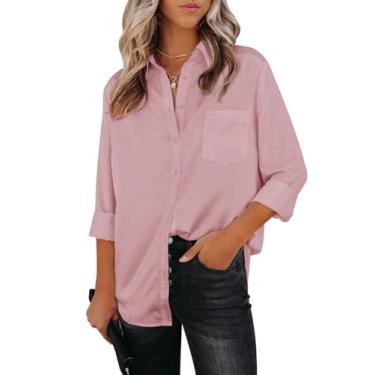 Imagem de Aoudery Camisas femininas de botão, manga comprida, gola sem rugas, gola V, trabalho, escritório, túnica de chiffon, C, rosa, GG