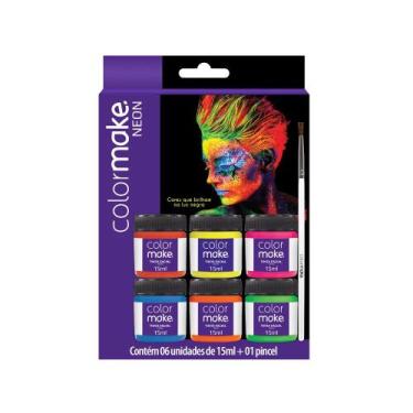 Imagem de Tinta Artística Fluor Neon 6 cores Brilha na Luz Negra 15ml + Pincel M