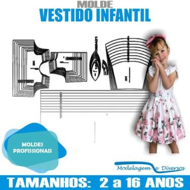 Imagem de Molde Vestido Rodado Infantil, Modelagem&Diversos, Tamanhos 2 A 16 ano