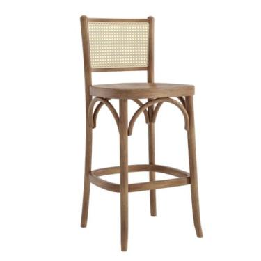 Imagem de Banqueta De Madeira Cor Amêndoa Com Encosto Em Tela Rattan - Zefter De