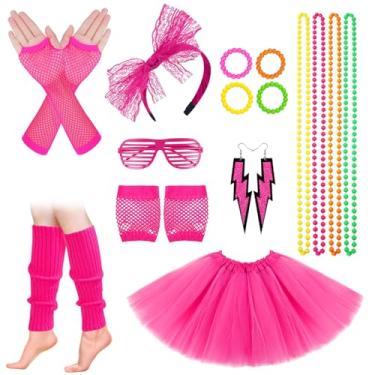 Imagem de zhxinashu Acessórios de fantasia para mulheres dos anos 80 com saias tutu, faixa de cabeça, colar, luvas arrastão, polainas e brinco para festa, rosa, One Size