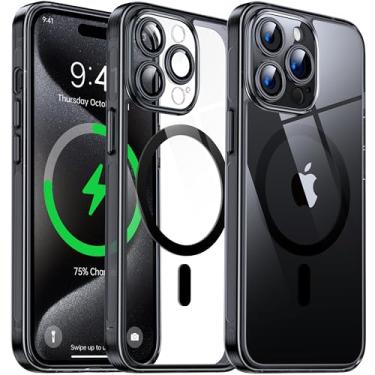 Imagem de Flyzoo Capa transparente híbrida magnética para iPhone 15 Pro Max - [compatível com MagSafe] [Protetor de câmera embutido] [Não amarela] Capa de telefone rígida transparente traseira de silicone com