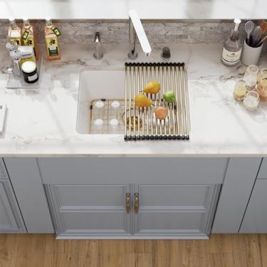 Imagem de Lavatório de lavanderia composto de granito branco 24, pia de cozinha de granito subterrâneo Hugsleek quartzo 61 x 48 cm 30 cm de profundidade clássica sob o balcão tigela única bacia de pia com
