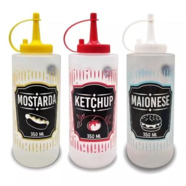Imagem de Kit Bisnagas Decoradas para Molhos Ketchup Maionese Mostarda Plástico Resistente 250ml Food Truck Lanchonete Restaurante