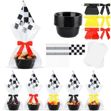 Imagem de Teenyyou 24 Sets Race Car Party Candy Gift Wrap Table Centerpieces Includes Disposable Lunch Boxes Cellophane Bags Twist Tie Bows Checkered Flags For Race Car Themed Birthday Party Supplies