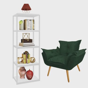 Imagem de Kit Poltrona Fatte com Estante Livreiro Ferro Branco mdf Branco Suede Verde Musgo - Ahazzo Móveis