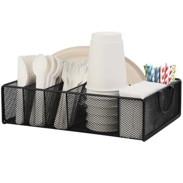 Imagem de Organizador de pratos de papel para bancada, organizador de utensílios de prata de metal para festa, acampamento, piquenique com 6 compartimentos, suporte de talheres ao ar livre para copo, guardanapo
