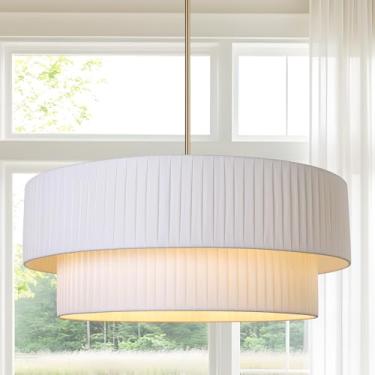 Imagem de LamQee Grande Lustre Moderno De Tecido, Luminária Pendente De Teto Com 2 Camadas De 23,6 Polegadas, Dourada, Com Altura Ajustável, Para Sala De Jantar, Sala De Estar, Quarto, Cozinha E Ilha